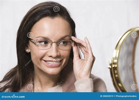 Woman Trying On New Glasses Stock Image Image Of Eyeglasses Closeup 30842819