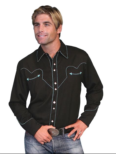 Vintage Inspired Western Shirt Scully Mens Classic Black And Turquoise