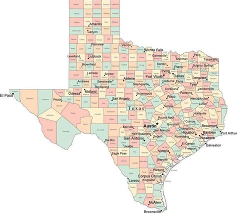Multi Color Texas Map With Counties Capitals And Major Cities Texas