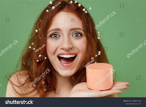 Beautiful Excited Half Naked Topless Redhead Stock Photo
