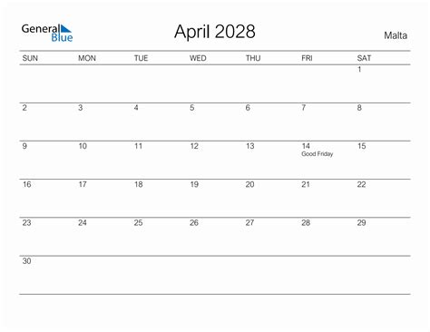Printable April 2028 Monthly Calendar With Holidays For Malta