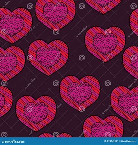 Seamless Pattern Of Patterned Hearts With Waves And Stripes For