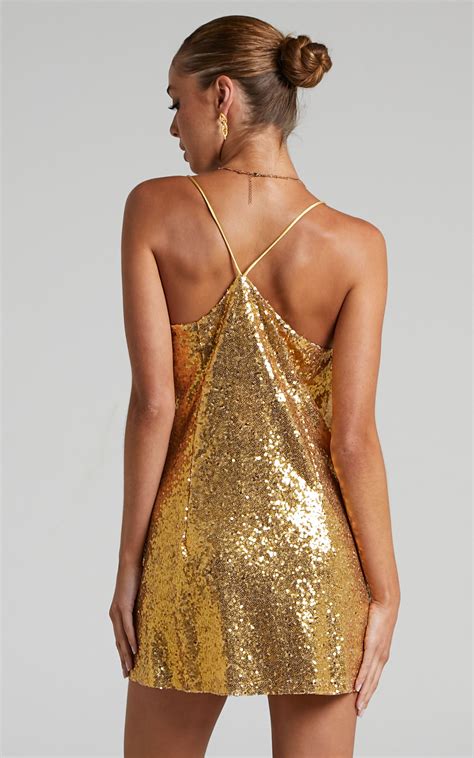 Delilaah Mini Dress Strappy V Neck Slip Sequin Dress In Gold Sequins