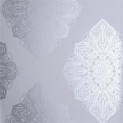 Henna Grey Silver Damask Wallpaper Metallic Shimmer Ornamental Feature