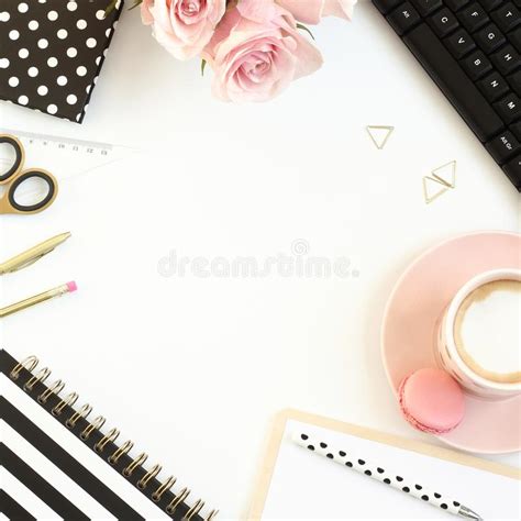 Office Desk Table With Cup Of Coffee Pink Peony Flowers Golden Pen