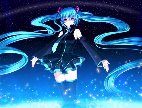 Anime Vocaloid Hatsune Miku Cielo Noche Estrellas Twintails Aqua Hair