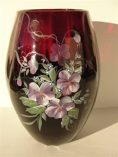 Beautiful Hand Painted 7 Ruby Glass Vase W By Marketsquareus Painted Glass Vases Glass Vase