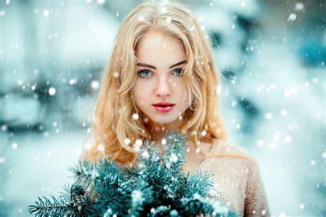 Papel De Parede Mulheres Cara Loiras Retrato Olhos Azuis Neve Profundidade De Campo
