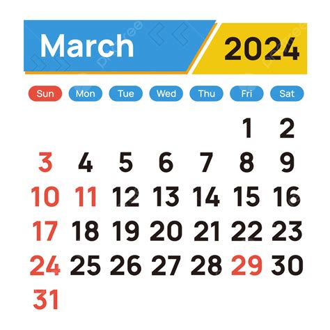 Calendar 2024 Design March Month With Flat Color Vector Calendar