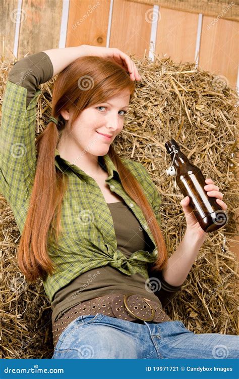 Provocative Young Cowgirl Drink Beer In Barn Stock Image Image 19971721