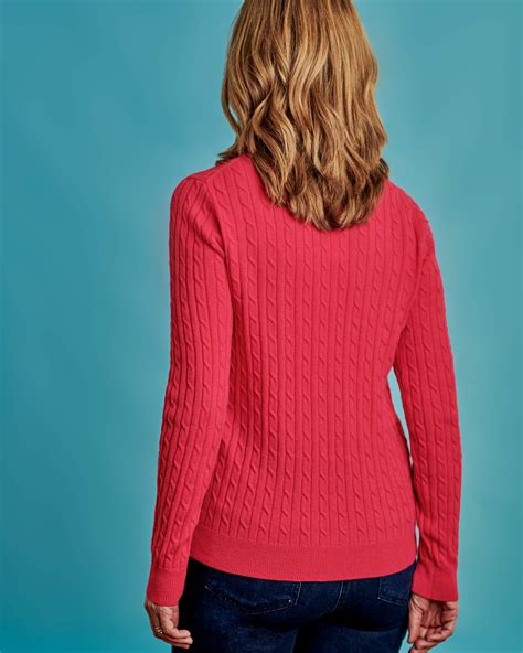 Fuchsia Pink Cashmere Merino Cable Crew Neck Jumper Woolovers Uk