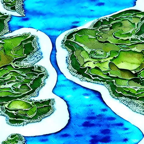 Islands Watercolor Painting With Hyper Realistic 3dimensional Detail