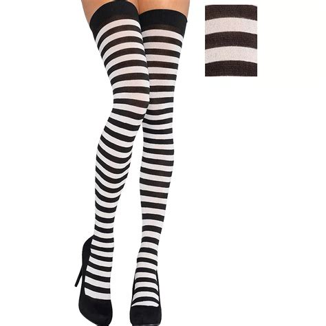 Adult Black And White Striped Thigh High Stockings Party City