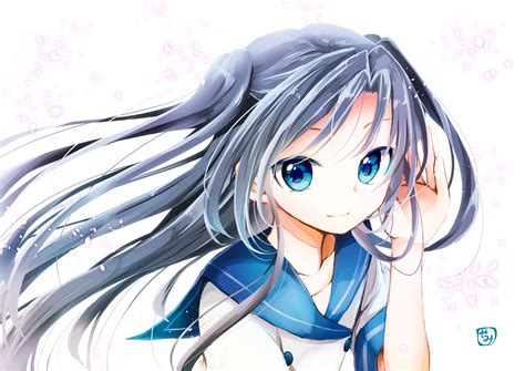 Wallpaper Drawing Illustration Long Hair Anime Girls Blue Eyes Artwork Black Hair Gray