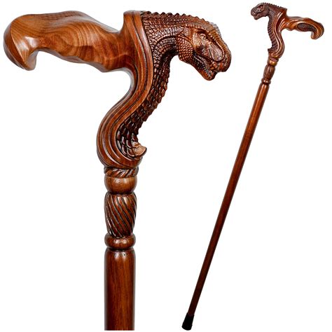 Wooden Walking Stick With T Rex Dinosaur Dragon Head Wood Carved