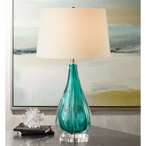 Possini Euro Design Modern Table Lamp Tall Turquoise Glass Wave