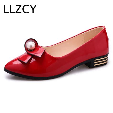 Llzcy 2017 Spring Red Flat Shoes Women Slip On Pointed Toe Bowtie Flats