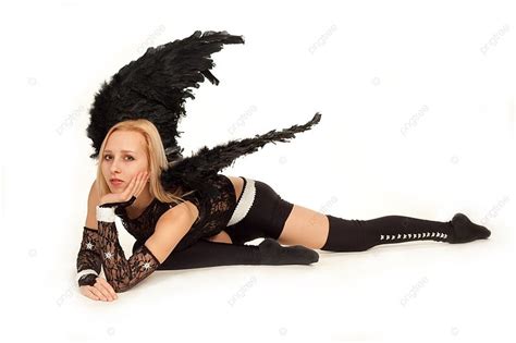Model In Costume Of Black Angel Posing For Photo Background And Picture