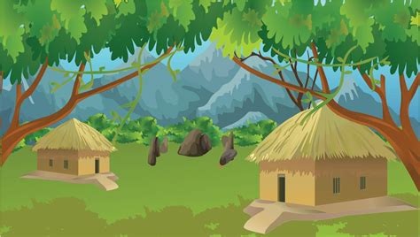 Village House In The Forest Cottage Among Trees And Mountains Cartoon