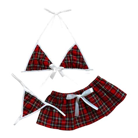 3pc Women Sexy Bow Underwear Pajamas Lingerie Uniform Mini Skirt Thong Set Christmas Fashion