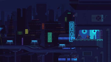 A City At Night With Neon Lights And Buildings