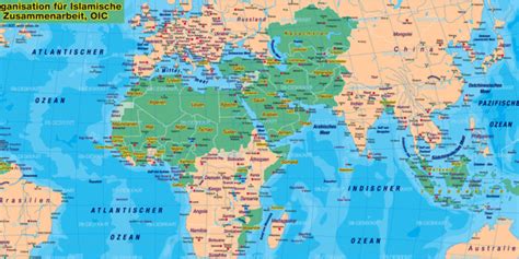 Weltkarte mit farbiger kennzeichnung der warnstufen vorliegender reisewarnungen verschiedener behörden. Karte von Islamische Staaten (Themenkarte in 57 Länder ...