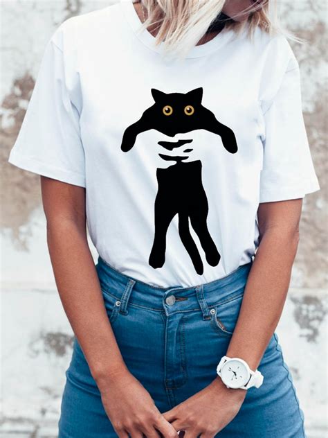 2018 Summer Naughty Black Cat 3d Lovely T Shirt Women Blusa Pocket