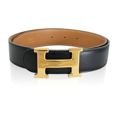 Hermes Gold Tone H Belt On Black Leather Reversible Size 70