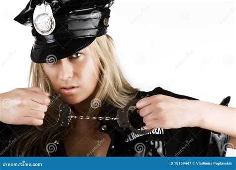 policewoman holding handcuffs stock image image of costume female 15159447