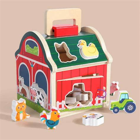 Wooden Take Along Sorting Barn Toy With Flip Up Roof And Handle 10