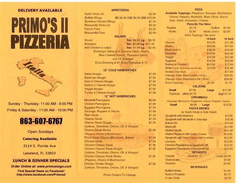 Primo S Ii Pizzeria Menu Menu For Primo S Ii Pizzeria Lakeland Tampa Bay Urbanspoon Zomato