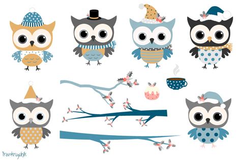 Winter Owls Clip Art Set Holiday Owl In Blue Colors Cute