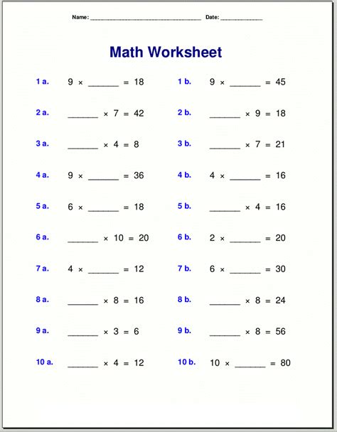 Missing Multiplication Test Worksheets