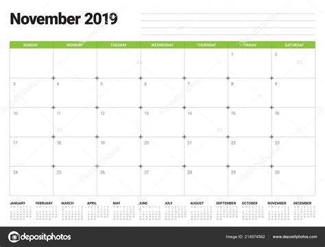 Noviembre 2019 Escritorio Calendario Vector Ilustración Diseño Simple