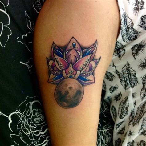 Colorful Big Lotus Flower Tattoo On Shoulder Combined With Small Moon Tattooimages Biz