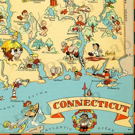 Colorful Fun State Map Of Connecticut Vintage Pictorial Etsy Uk