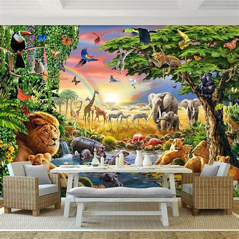 3d Wallpaper Rainbow Sky Green Forest Animal Elephant Lion Oil Painting