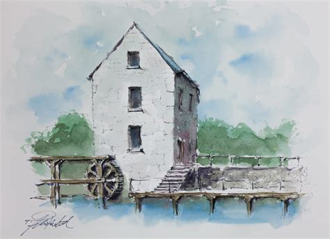 Watermill Original Watercolour Painting By Tomasz Mikutel