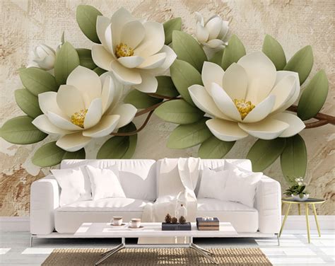3d Magnolia Flowers Mural Wallpaper Non Woven Wallpaper Or Etsy Uk
