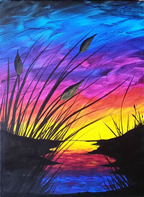 Sunset And Cattails Reboot Step By Step Acrylic Painting On Canvas For