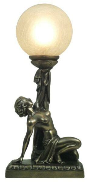 45cm Art Deco Table Lamp Nude Lady Figurine Bronze Polystone Glass