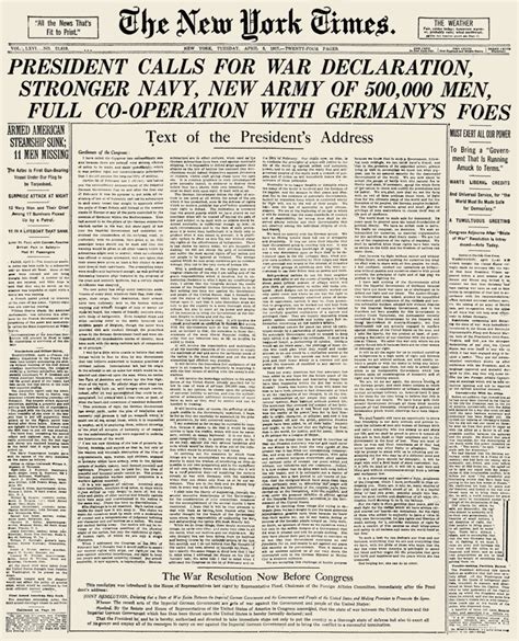World War I Declaration Nfront Page Of The New York Times With