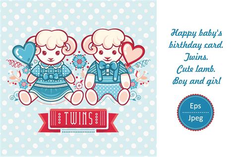 Twins Cute Lamb Little Sheep Greeting Card Happy Birthday Card