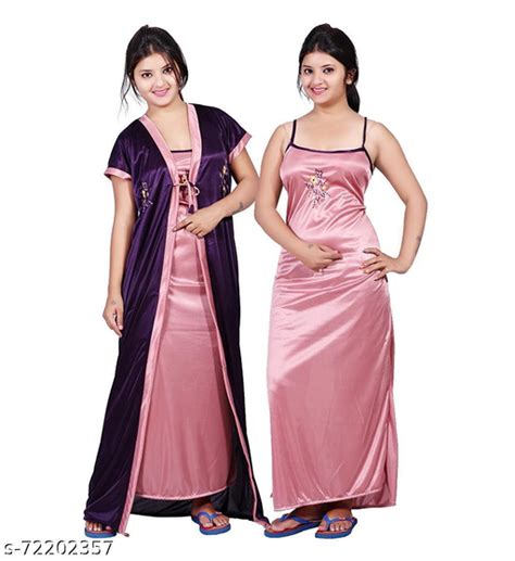 Womens Satin Embroidered Two Piece Nighty With Robe Night Gown Ladies Girls Night Dress 2