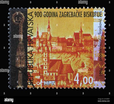A Stamp Printed In Croatia Shows Bishop S Crosier And View Of Zagreb By