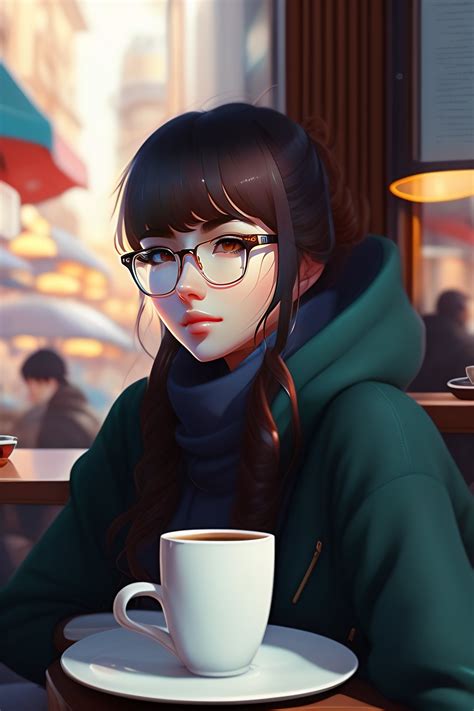 lexica cute girl in sweater black hair black wayfarer glasses sitting inside cafe drinking