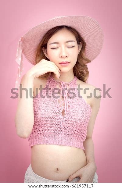 Beautiful Korea Woman Posing Pink Background Stock Photo