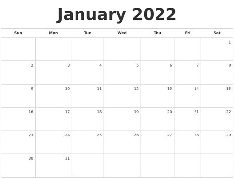 Blank monthly calendar for january 2021 on one page. January 2022 Blank Monthly Calendar