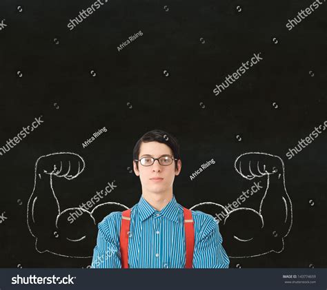 Nerd Geek Businessman Student Or Teacher With Chalk Healthy Strong Arm