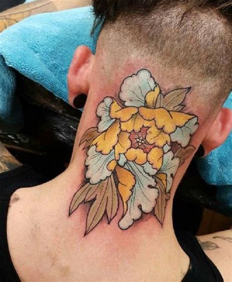 The Peony On Skull And Neck The Vibrant Mix Of Yellow White Skin And